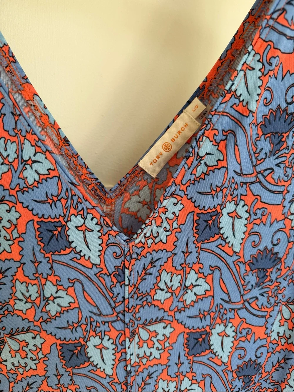 Tory Burch midi dress v neck orange blue paisley leaf pattern L